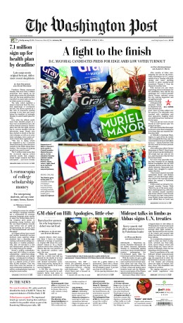 An edition of The Washington Post's A1 on April 2, 2014